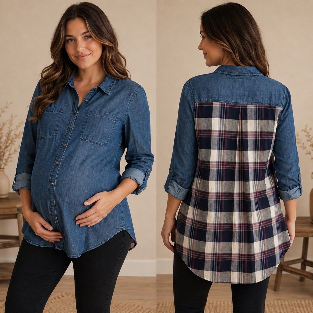 Jessica Simpson Maternity Denim Plaid Back Button Down Shirt Blue Boho Fall L